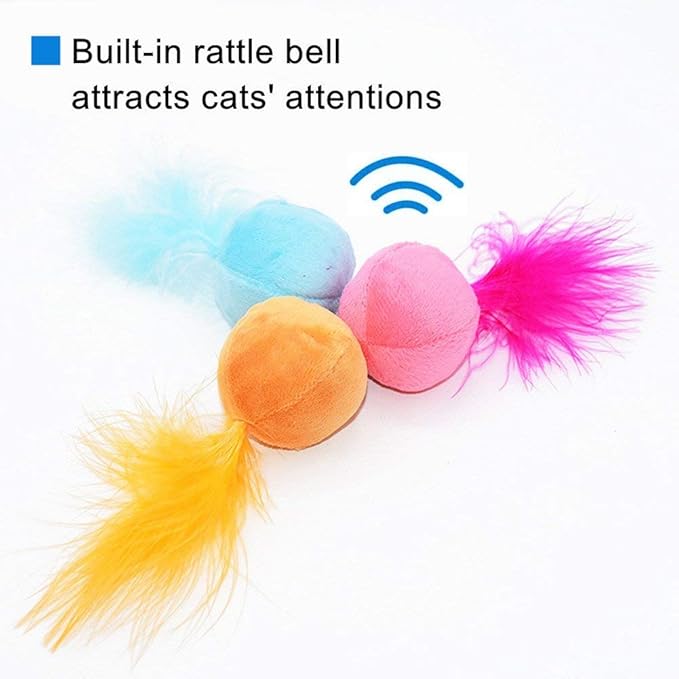 Furry Rattle Ball Cat Toy with Feather and Catnip - Interactive Pom Pom Balls for Cats, Soft and Lightweight, 2 Inch, 3 Pack.