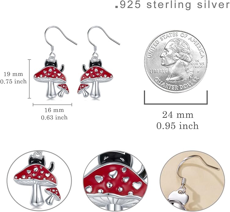 Black Cat Earrings 925 Sterling Silver Mushroom Cat/Black Cat/Panda/Sloth/Capybara/Boston Terrier/Shih Tzu Dangle Earrings Cute Animal Drop Earrings Jewelry Gifts for Women