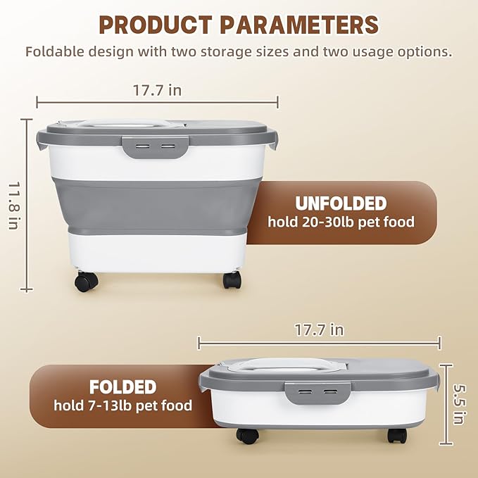 Dog Food Storage Container 17 lb, Airtight Pet Food Storage Containers with Wheels & Removable Sealed Lid, Collapsible Cat Food Containers Dry Food with Scoop and Measuring Cups