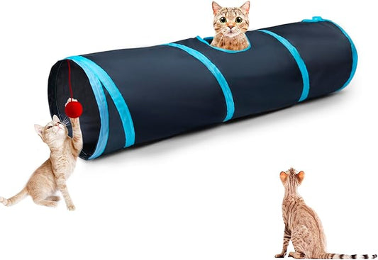 Cat Tunnel Tube Toys，Tunnels for Indoor Cats, 2 Way Blue Collapsible Interactive Toy with Balls for Rabbits, Kittens, Ferrets, Puppy