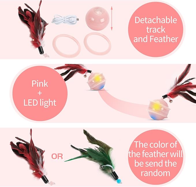 LED Interactive Cat Toy Ball, Cat Feather Toy Ball Cat Chase Toy Automatic Moving Ball Cat Feather Toy Rechargeable Self Rolling Ball (Pink)