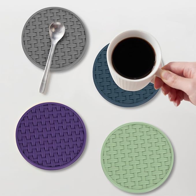 Blue Silicone Coasters Set of 6 with Holder, 4 Inches Non-Slip Decorative Coasters for Home, Kitchen, Office Heat Resistant & Waterproof Cup Mat for Drinks, Bar, Coffee