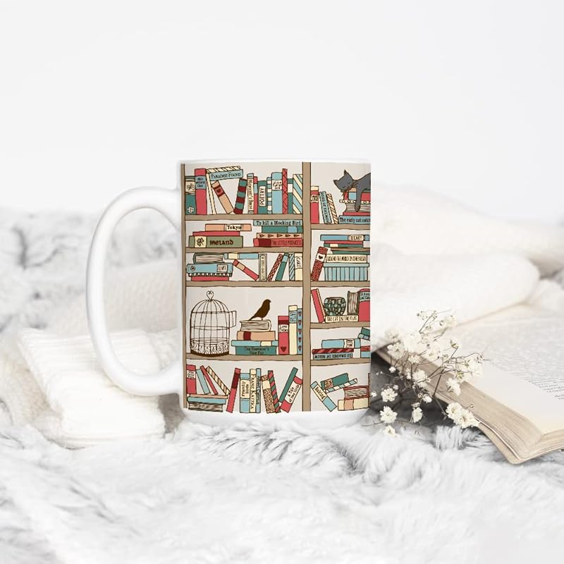 Book Coffee Mug, Book Lover Gift, Bookish Gifts, Librarian Mug, Bookworm Mug, Gift for Bibliophile, Books and Cats (15oz)