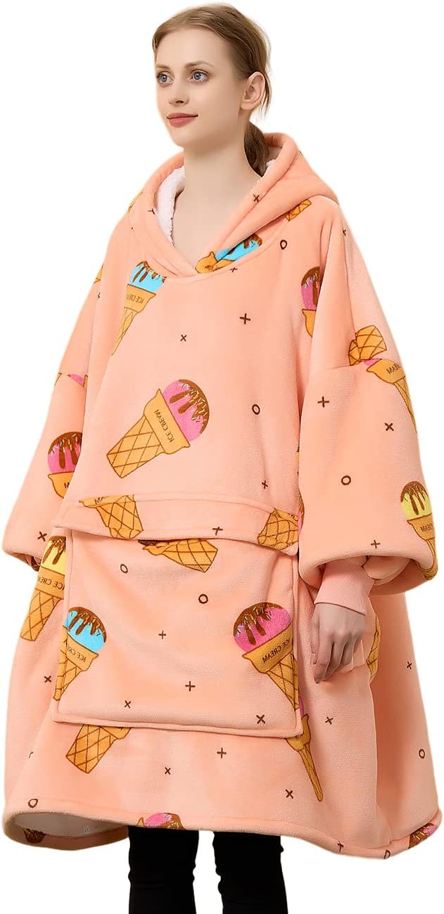 KFUBUO Wearable Blanket Hoodie for Adults Sherpa All Patterns Ice Cream Oversized Sweatshirt Blanket with Pockets Cute Birthday Gifts for Women