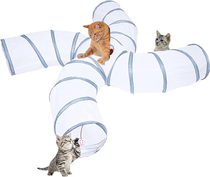 EGETOTA Cat Tunnel for Indoor Cats Large, with Play Ball S-Shape 4 Way Collapsible Interactive Peek Hole Pet Tube Toys, Puppy, Kitty, Kitten, Rabbit (S4 - White & Grey)