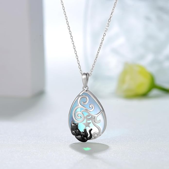 Black Cat Necklace 925 Sterling Silver Moonstone Black Cat Necklace Moonstone Cat Jewelry Gifts for Women