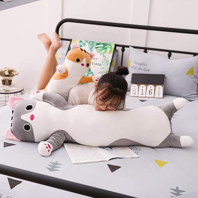 Long Cat Plush Pillow, Cat Stuffed Animals Body Pillow Cute Kitten Plush Hugging Pillow Toy Gifts for Kids (Gray, 19.68 inch)