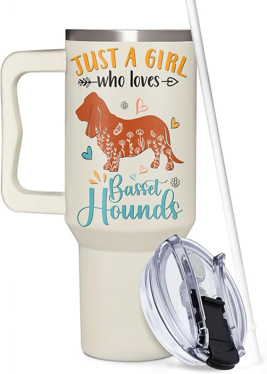 Basset Hound Gifts for Girls & Women, Christmas and Mother's Day Gifts for Basset Hound Lovers, Birthday Present Idea for Dog Owners, Dog Mom 40oz Tumbler with Handle & Straw