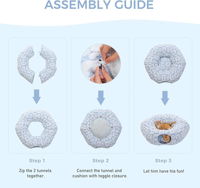 PEQULTI Cat Tunnel with Cat Bed for Indoor Cats, Cat Play Donut Tunnel with Washable Soft Plush Mat, Round Cat Tunnel Toys Cute Cat Tube for Kittens, Puppies, Rabbits and Ferrets, Blue