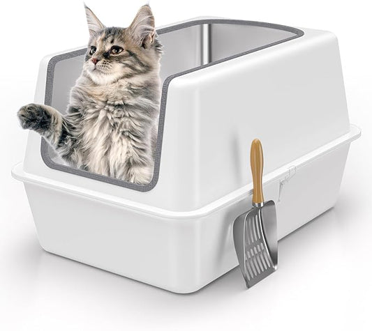 All Stainless Steel Teflon Coated Cat Litter Box with Lid,Extra Large Enclosed Litter Box with High Sides Cover,XL Metal Litter Boxes for Big&Multiple Kitty,Anti Leakage,Easy Cleaning,Metal Scoop