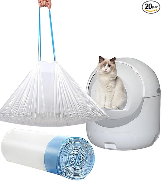 20 Count Cat Drawstring Litter Box Liners 26.6x16.7 inches 2Mils Super Thick White Cat Litter Waste Bags Poop Bags for Self-Cleaning Litter Box Cat Litter Pan Trays (Blue Drawstring 20 count)