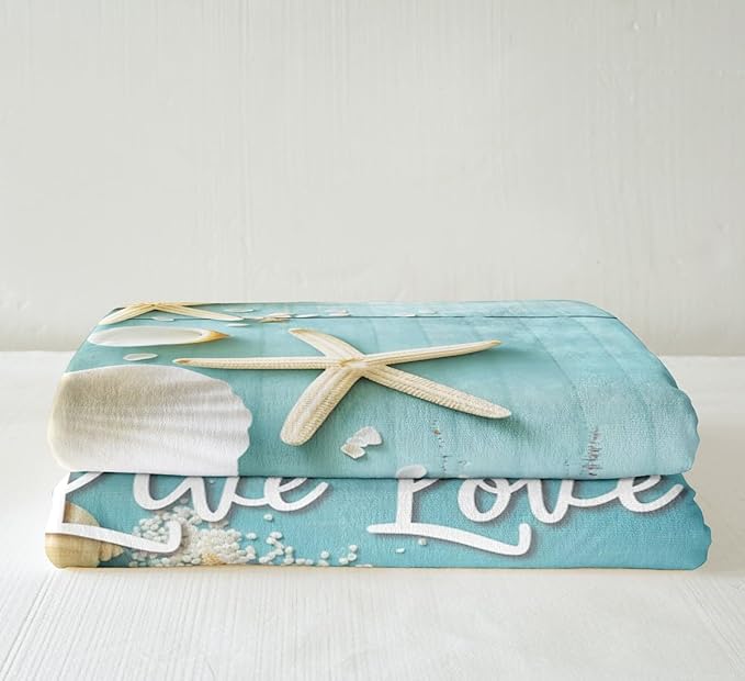 Starfish & Seashell Sherpa Blanket - Coastal Animal Throw for Bed & Chair, 40x50 Size, Retro Rustic Farmhouse Fleece, Teal Wooden Striped Fuzzy Blanket for Kids & Adults