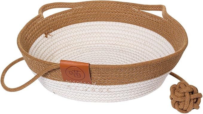 Handwoven Cotton Rope Cat Bed Cat Hammock Foldable Sleeping Nest Basket Handmade Natural Cradle Scratcher Cuddler for Kitten Cute Style with a Playing Rope Ball Large Brown