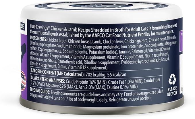 Chicken and Lamb Recipe in Broth, Shredded Wet Cat Food, Grain-Free Protein, Non-GMO, 12 Pack