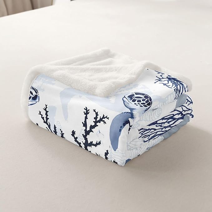 Turtle Sherpa Blanket White Blue Sea Hawaiian Turtle Fleece Throw Blanket Tortoise Plush Ocean Beach Theme Fuzzy Underwater Turtle Fleece Throw Blanket for Bed Sofa Couch Baby 30"x40"