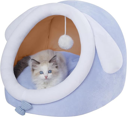 Jiupety Cat Bed for Indoor Cats, Soft Cozy Cat Bed Cave Fit for Cat Up to 16 Lbs and Puppy, Lovely Cat Bed, Blue, M.