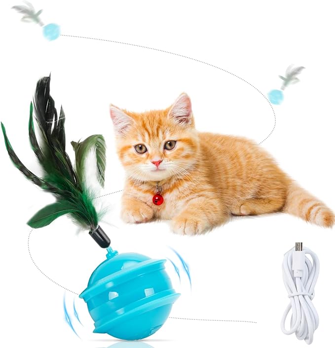 Cat Feather Toy Ball for Indoor,Automatic Moving Ball Toy with Feathers Tail, Self Rolling Ball with Colorful Light Mouse Chasing Game(Blue)