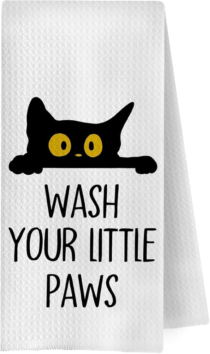 Black Cat Hand Towels - Wash Your Little Paws Cat Decorative Waffle Weave Hand Towels for Kids Bathroom, Black Cat Gifts, Cat Themed Gifts, 16x24 Inch