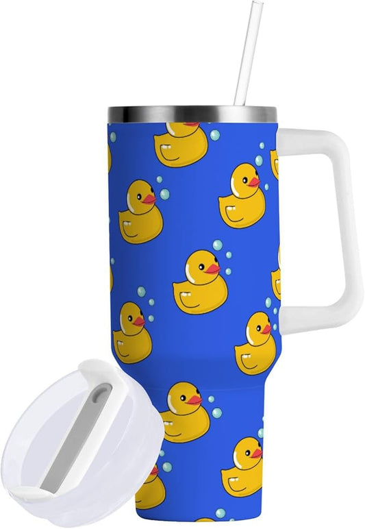 Boccsty Rubber Yellow Duck Blue Insulated Tumblers Reusable Stainless Steel Tumbler 30 oz Cup Coffee Travel Mug Water Bottle with Handle & Flip Straw for Home Office Car