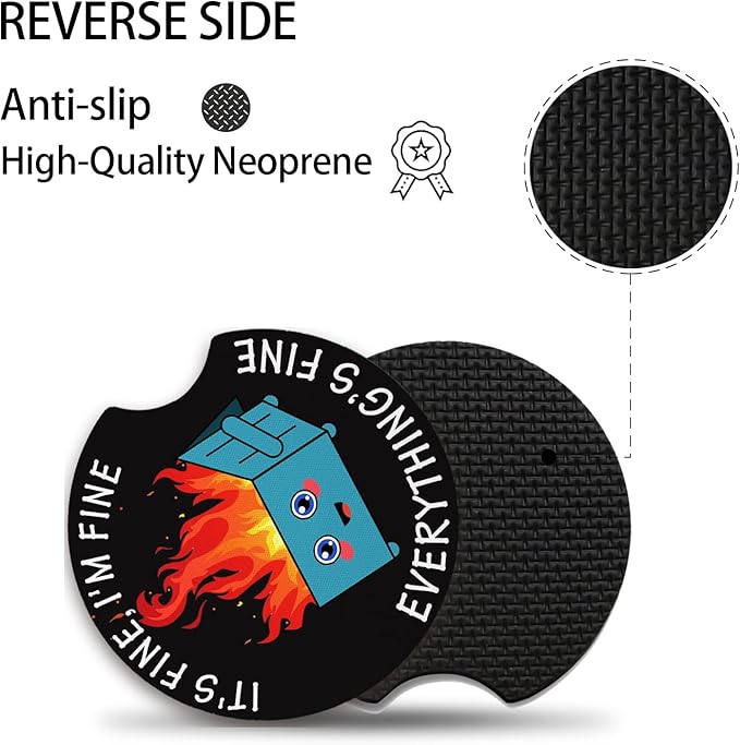 2 Pack Car Coasters for Drinks Absorbent,2 Pack Cup Holders,2.75" Car Interior Waterproof Coasters,Auto Accessories for Women & Men,Fire Dumpster It's Fine I'm FineEvervthing