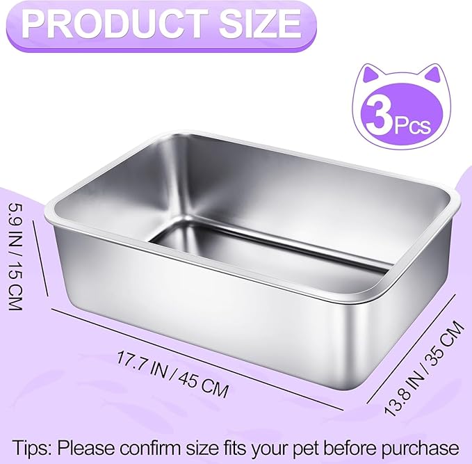 3 Pack Stainless Steel Cat Litter Boxes 17.7"L x 13.8"W x 5.9"H Large Metal Litter Boxes with High Sides Sturdy Kitty Litter Aluminum Pans for Pets No Smell, Non Stick, Easy to Clean (M)
