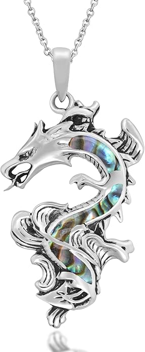 AeraVida Legendary Chinese Dragon Charm Stone Inlaid Accent .925 Sterling Silver Pendant on 18-inch Chain Necklace | Dragon Jewelry Necklace Accessory for Men Women Unisex