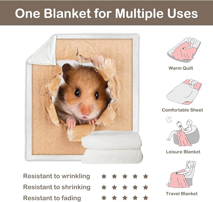 Sleepwish Hamster Fleece Throw Blanket for Kids Girls Boys Soft Cute Brown Mouse Sherpa Blanket for Couch Chair Bed, Queen (90" X 90")