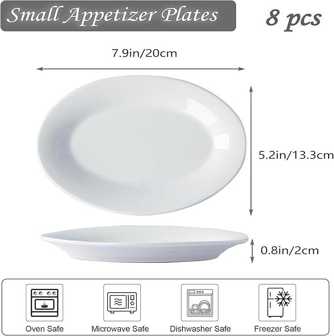 8 Inch Ceramic Appetizer Plates Oval, Porcelain Dessert Plates, Small Salad Plates Set, Small White Serving Plates for Salad, Appetizer, Snack, Sushi, Microwave, Dishwasher Safe, Set of 8