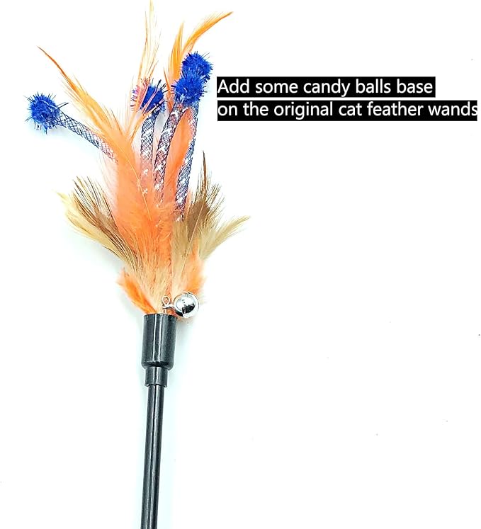 IUHKBH Cat Wand Toys, 4 PCS Interactive Cat Teaser Wand Cat Feather Toys with Color Vary Feather and Bells - 20" Long Wand for Cat and Kitten