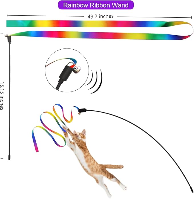 Cat Toys, 2PCS Retractable Cat Feather Toys, 10PCS Replacement Teaser Refill, 1PC Rainbow Ribbon Wand Interactive Kitten Toys for Indoor Cat Make Exercise