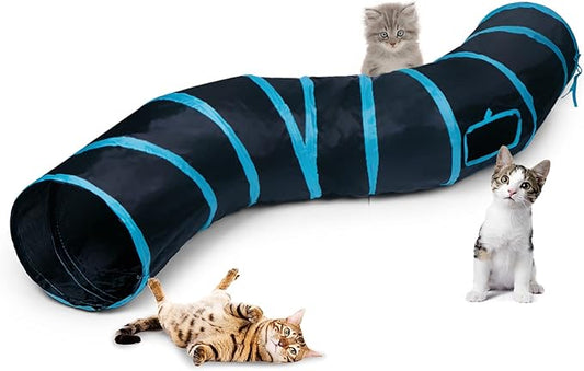 Sheldamy Cat Tunnel, S-2-Way Cat Tunnels for Indoor Cats, Collapsible Cat Play Tunnel, Interactive Toy Maze Cat House with 1 Play Ball for Cats, Puppy, Kitty, Kitten, Rabbit (Blue & Black)