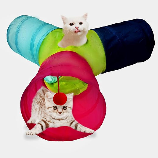 Cat Tunnel Tube Toys，Tunnels for Indoor Cats, 3 Way Colorful Collapsible Interactive Toy with Balls for Rabbits, Kittens, Ferrets, Puppy