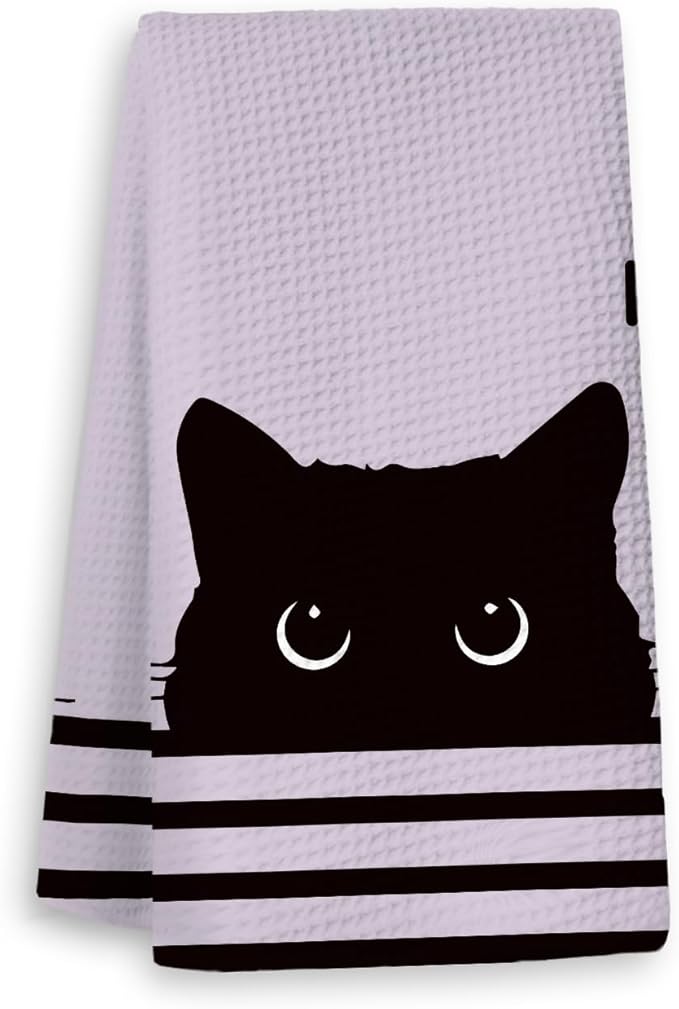 Black Cat Waffle Kitchen Towels, Gifts for Cat Lovers Moms Dish Tea Towels for Kitchen,Decorative Hand Towels for Bathroom Guest Room Decor, 16x24 Inch (Puple)