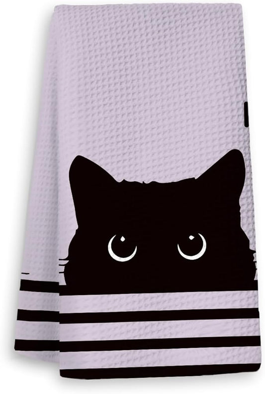 Black Cat Waffle Kitchen Towels, Gifts for Cat Lovers Moms Dish Tea Towels for Kitchen,Decorative Hand Towels for Bathroom Guest Room Decor, 16x24 Inch (Puple)