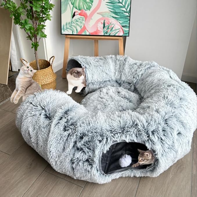 Cat Tunnel Bed, Tunnels for Indoor Cats Soft Warm Light Grey Plush, Collapsible Interactive Tube Toys, Maze House with Peek Holes Dangling Ball for Rabbit, Kitten, Kitty, Puppy