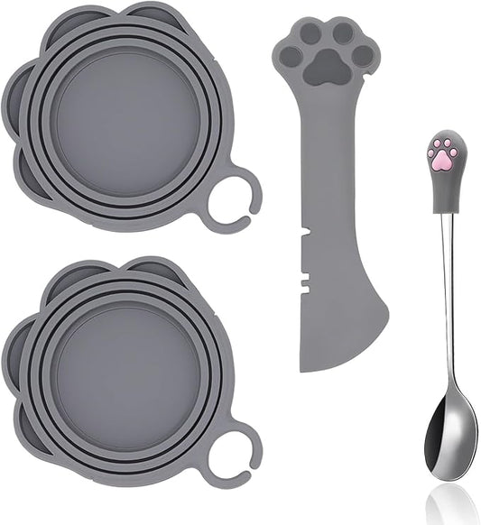 4 Pcs Cat Food Can Spoon & Can Covers | Cute Paw Silicone Pet Food Can Opener Spatula & Can Lids | Stainless Steel Wet Food Spoon for Cats and Dogs(Grey)