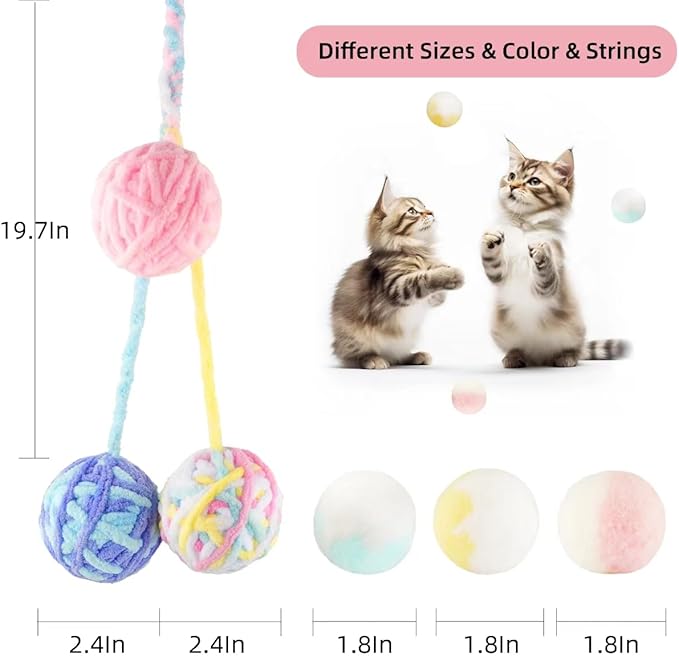 TUSATIY 9PCS Cat Ball Toy, Multi-Colored Cat Fuzzy Balls & Woolen Yarn Cat Toy Balls with Bell Inside, Soft Interactive Cat Toys for Indoor Cats Self Play