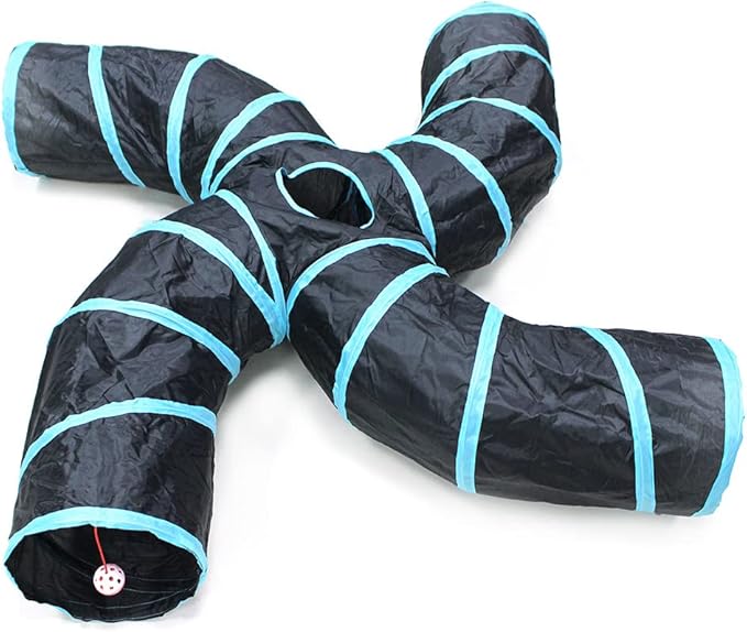 Cat Tunnel for Indoor Cats Large, with Play Ball S-Shape 5 Way Collapsible Interactive Peek Hole Pet Tube Toys, Puppy, Kitty, Kitten, Rabbit (Blue & Black) (4-Way)