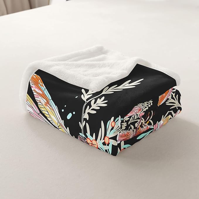 Feelyou Dragonfly Sherpa Blanket Baby 30x40 Inches Botanical Floral Fleece Throw Blanket for Kids Girls Teens Women Bedroom Decor Nature Animals Branches for Sofa Bed Couch Black