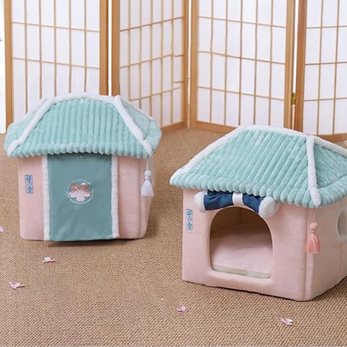 Cute Cat House,Pink Cat House with Rolled Door Curtain,Closed Cat Cave/Dog House, Washable Cat Bed,Cozy Dog Tent (Pink House)
