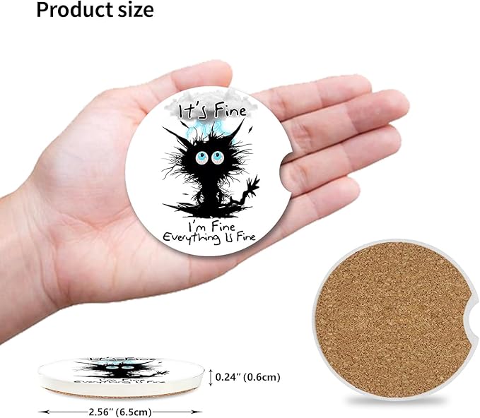 Car Coasters 2 Pack, Small 2.56" Ceramic Stone & Non-Scratch Cork Base Car Cupholder Absorbent Coaster Set for Women/Men Drink Cup Holder Coasters (I'm Fine Cat) BD-10