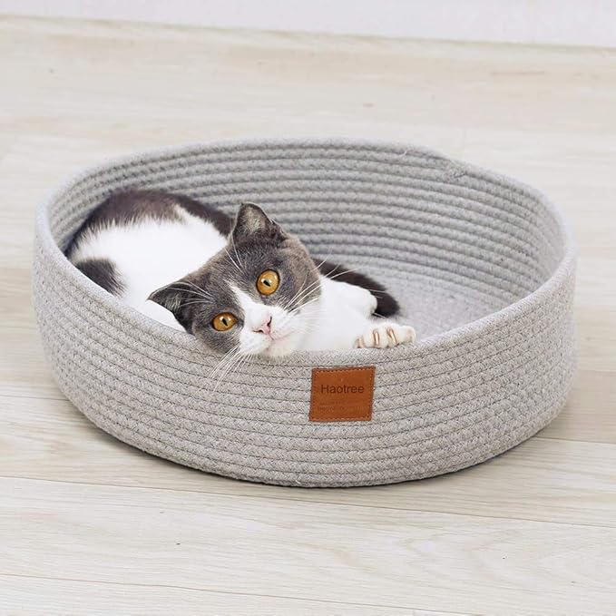 Large Cat Bed Basket Round Cotton Rope Woven - Calming Cat Rope Bed Sleep Surface 17.7 inches(45 cm),Cozy Scratching Indoor Cat bed for a Large Cat or 2 Small Cats,Fit up to 20 lbs Pets,Washable,Grey