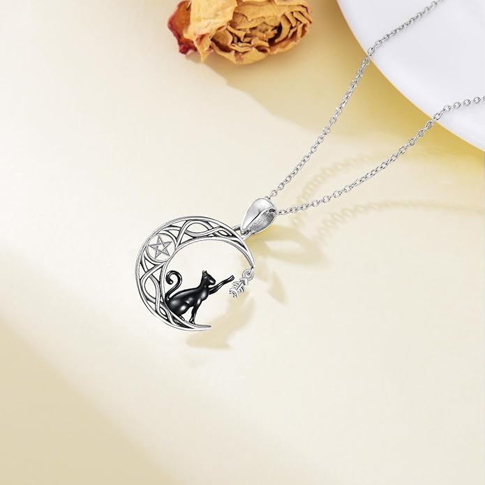 Black Cat/Dragon/Fox/Wolf Necklace 925 Sterling Silver Celtic Moon Pentagram Pendant Gothic Jewelry Goth Halloween Gifts for Women