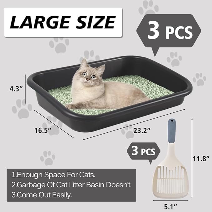 3 Pcs Low Entry Senior Cat Litter Box with Scoop, Extra Large Pet Litter Box Low Entry Open Top Cat Litter Box for Kitten Frail Handicap Disabled Older Elderly Cats