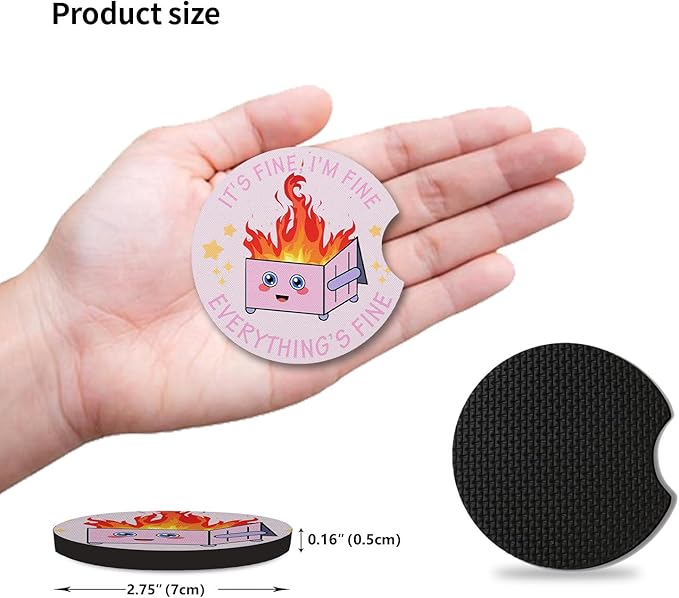 2 Pack Car Coasters for Drinks Absorbent,2 Pack Cup Holders,2.75" Car Interior Waterproof Coasters,Auto Accessories for Women & Men,Pink Fire Dumpster It's Fine I'm FineEvervthing