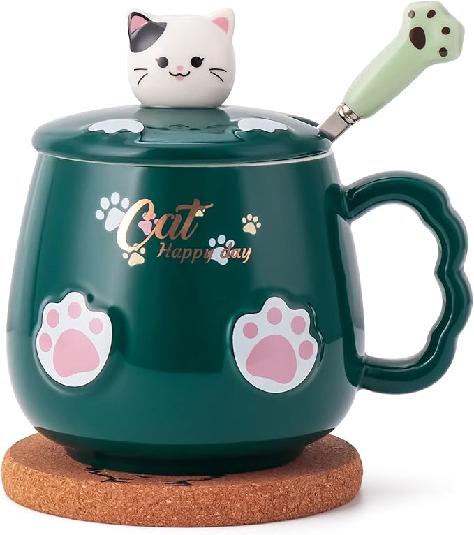 Bgbg Cat Mug Cute Ceramic Coffee Cup with Lovely Kitty Lid, Kawaii Cat Claw Spoon, Anime Cat Coaster, Novelty Cat Things Birthday Christmas Mug Gift for Cat Lovers 400ML