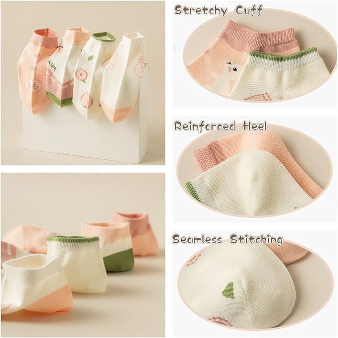 5/10 Pairs Combed Cotton Socks for Women with Cute Animals/Flowers Patterned Ankle Socks