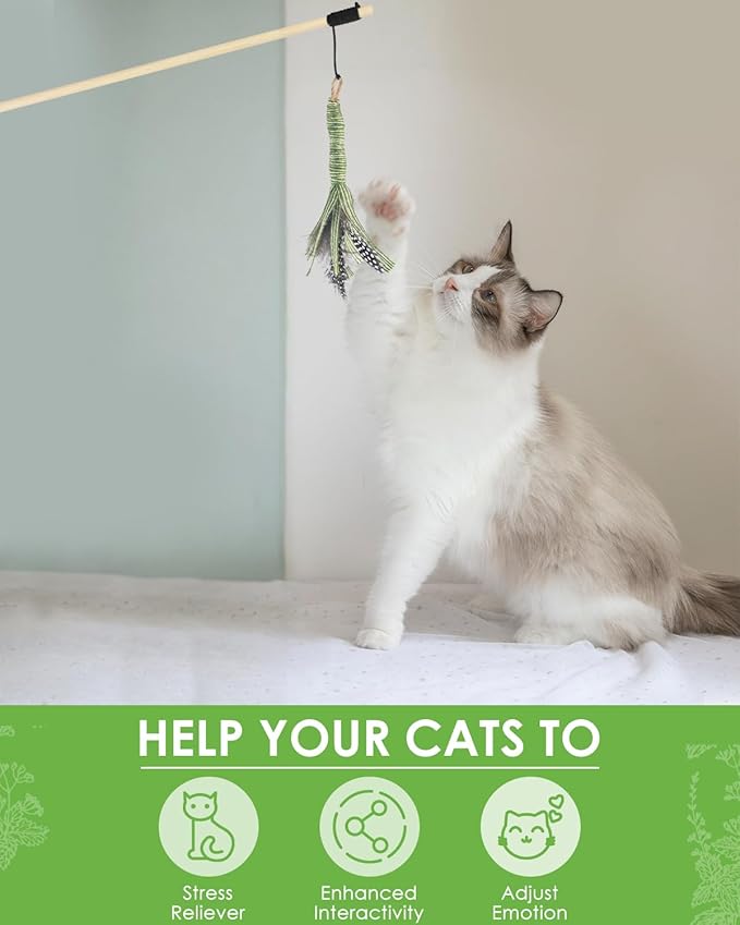 TINDTOP Interactive Cat Toys, 4 Pack Cat Wand Toys with Sisal Chew Sticks, Natural Feather and Silvervine Sticks Catnip Ball, for Indoor Cats to Chase and Exercise