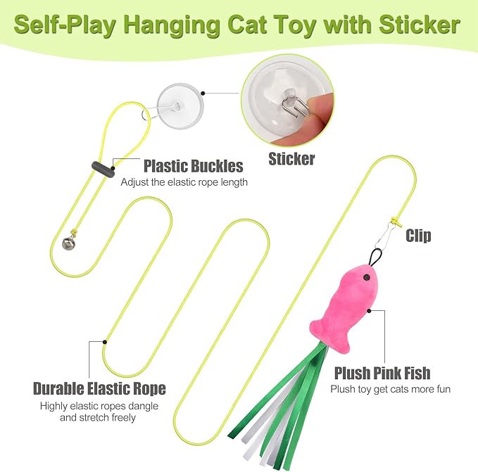 Cat Toys Interactive for Indoor Cats, 2 Retractable Cat Wand Toys, 2 Hanging Door Cat Toy with Mouse Fish, 5 Teaser Toys, Cat Feather Toys for Bored Indoor Adult Cats Kitten Stimulation Exercise Toys