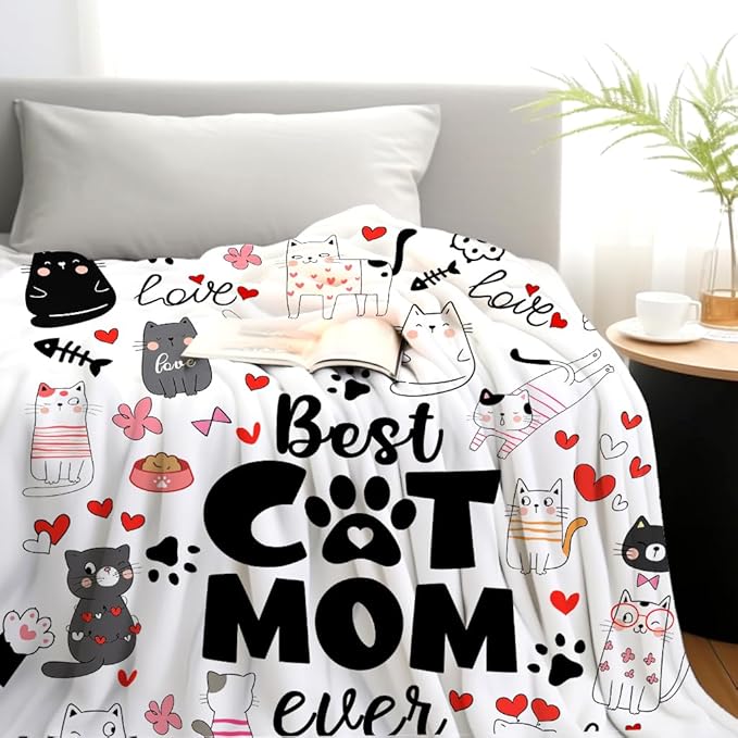 Cat Mom Throw Blanket - Just A Girl Who Loves Cats Gift for Pet Lovers - Soft Flannel Animal Pattern for Kids Adults 60"X50"